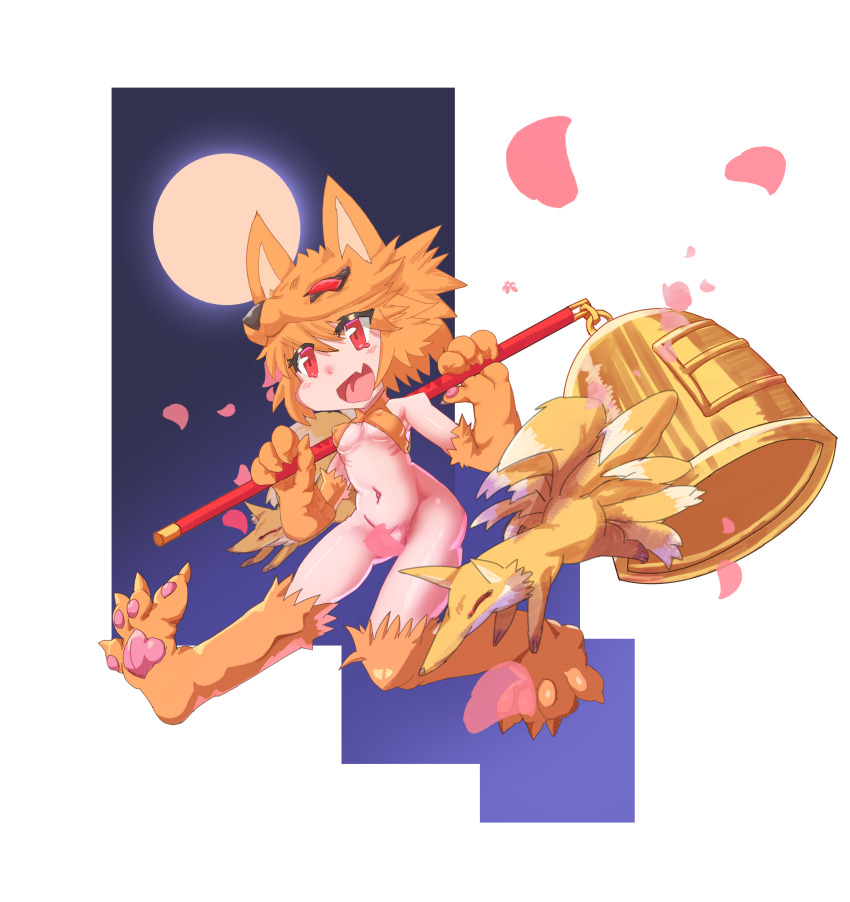 1girl :d absurdres animal_feet animal_hands bell blonde_hair blush bottomless bra commentary_request commission convenient_censoring covered_erect_nipples criss-cross_halter fang fox fox_girl fox_hat full_body full_moon halterneck highres holding holding_staff jumping kitsune moon moonlight_flower navel nine_tail_(ragnarok_online) open_mouth petals pixiv_commission ragnarok_online red_eyes short_hair skin_fang smile solo staff underwear xtoril yellow_bra