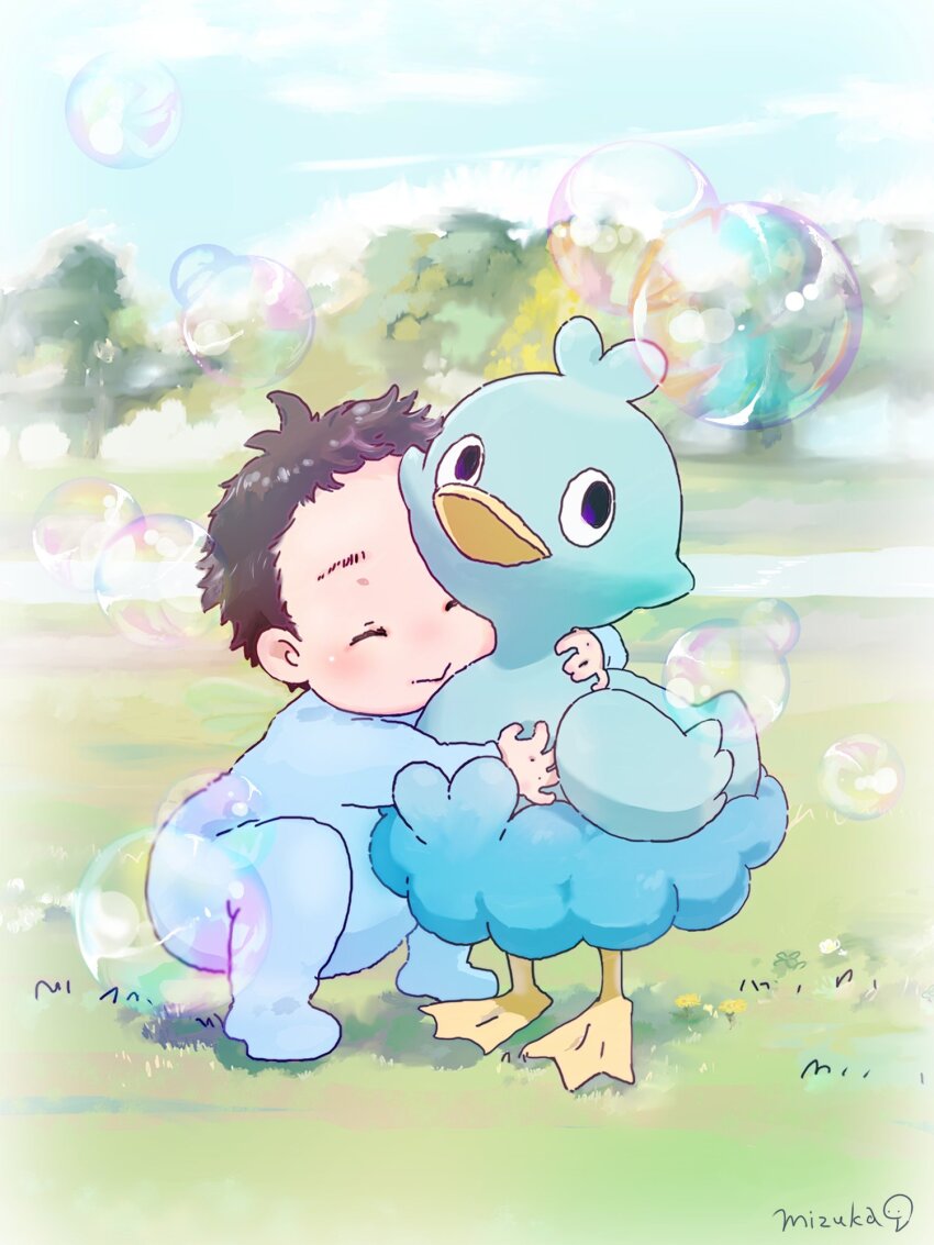 1boy :&gt; closed_eyes closed_mouth commentary_request day ducklett game_freak gen_5_pokemon grass highres hug long_sleeves male_focus nintendo official_art onesie outdoors pokemon pokemon_(creature) river short_hair signature tree