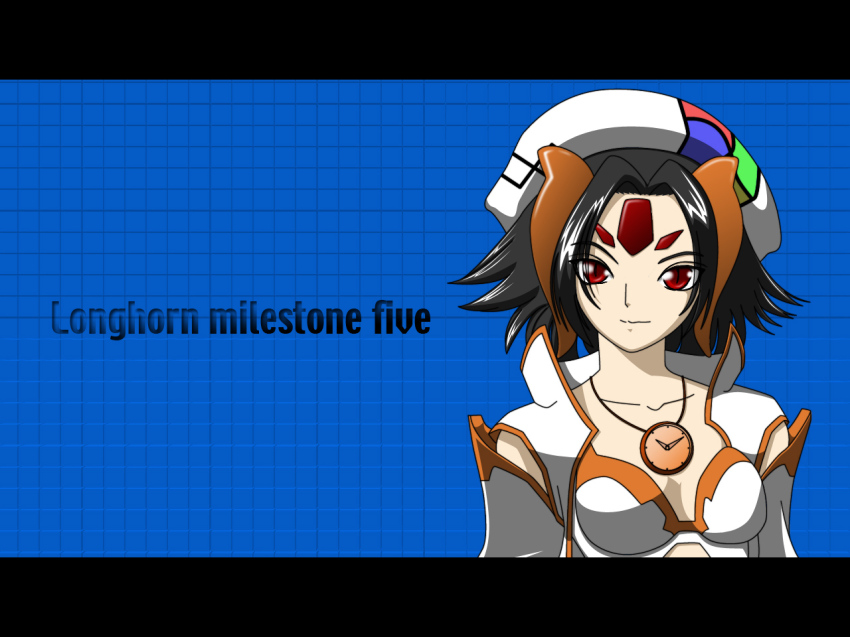 1girl beret brown_hair collarbone facial_mark female_focus flipped_hair hat horns jewelry letterboxed longhorn looking_at_viewer os-tan pendant red_eyes slit_pupils solo upper_body watch