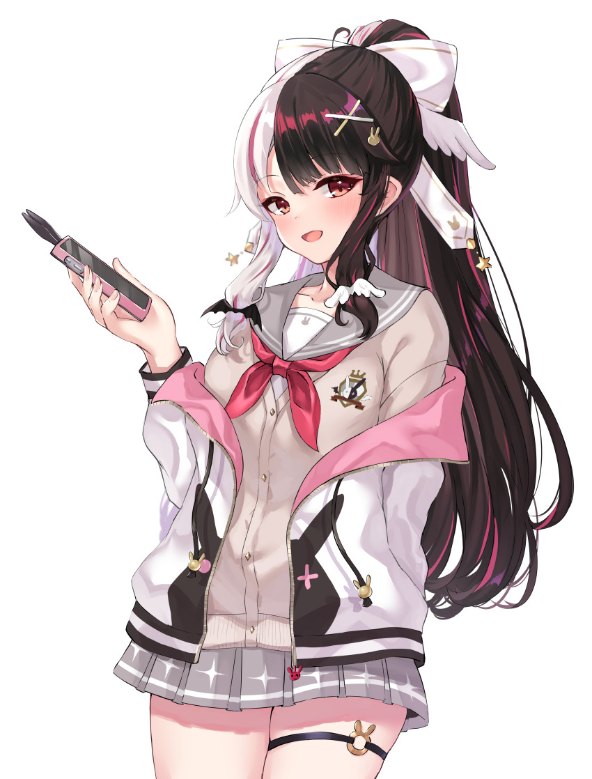 1girl :d absurdres arm_behind_back bat_hair_ornament black_hair blush bow cellphone commentary_request cowboy_shot eyelashes fingernails grey_sailor_collar grey_skirt hair_bow hair_ornament hand_up highres holding holding_phone jacket long_hair long_sleeves looking_at_viewer miniskirt multicolored_hair ncontrail_(mgax7527) neckerchief nijisanji off_shoulder open_clothes open_jacket open_mouth phone pink_hair ponytail rabbit_hair_ornament red_eyes red_neckerchief sailor_collar sidelocks simple_background skindentation skirt smartphone smile solo sparkle_print standing streaked_hair thigh_strap tsurime two-tone_hair very_long_hair virtual_youtuber white_background white_bow white_hair white_jacket wing_hair_ornament x_hair_ornament yorumi_rena yorumi_rena_(9th_costume)