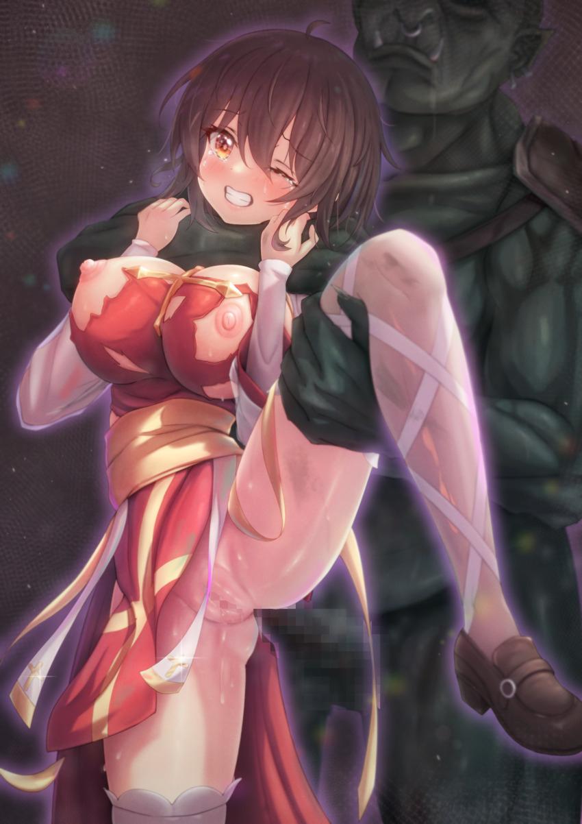 1boy 1girl absurdres anal arch_bishop_(ragnarok_online) blush breasts brown_eyes brown_footwear brown_hair censored clenched_teeth clothed_female_nude_male colored_skin commentary_request commission cross dress faceless faceless_male foot_out_of_frame green_skin hair_between_eyes hetero highres large_breasts leg_lift loafers long_bangs looking_at_viewer mosaic_censoring nipples no_panties nose_piercing nose_ring nude one_eye_closed orc orc_warrior_(ragnarok_online) pelvic_curtain penis piercing psd_available pussy_juice ragnarok_online rape red_dress sash see-through_clothes see-through_thighhighs sex shoes short_hair skeb_commission solo_focus standing standing_sex teeth thighhighs torn_clothes torn_dress tusks white_thighhighs yellow_sash zusshii_(libertasgenesis)