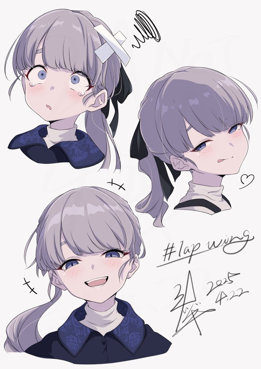 1girl bandaid bandaid_on_head black_ribbon blush closed_mouth dated grey_hair hair_ribbon hashtag-only_commentary highres lapwing_(vrchat) long_hair looking_at_viewer multiple_views nishizuki_shino open_mouth purple_eyes ribbon simple_background smile tearing_up teeth tongue tongue_out vrchat white_background