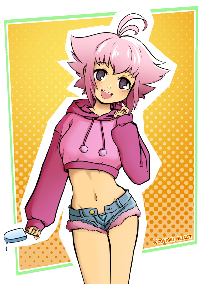 1girl blush food highres ice_cream long_sleeves looking_at_viewer pink_hair purple_eyes shoopuf short_hair smile solo sugarette summon_night summon_night:_swordcraft_story yellow_background