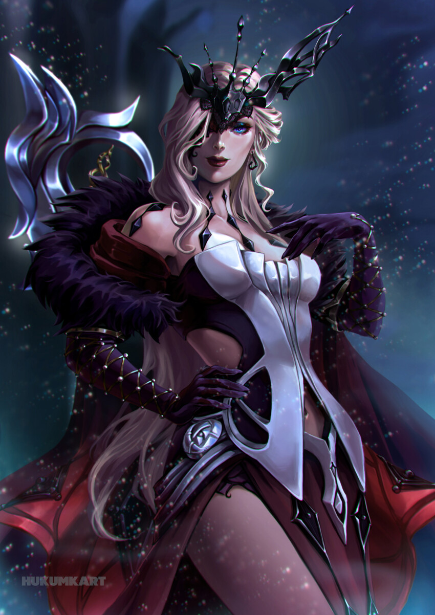 1girl absurdres artist_name bare_shoulders black_gloves black_mask blonde_hair blue_eyes breasts butterfly_mask cleavage coat delusion_(genshin_impact) dress earrings elbow_gloves eye_mask fishnet_gloves fishnets fur-trimmed_coat fur_trim genshin_impact gloves highres hukumkadb jewelry lace-trimmed_eyepatch long_hair looking_at_viewer mask mask_over_one_eye one_eye_covered pelvic_curtain red_lips signora_(genshin_impact) smile snowing solo strapless strapless_dress studded_gloves tree white_dress