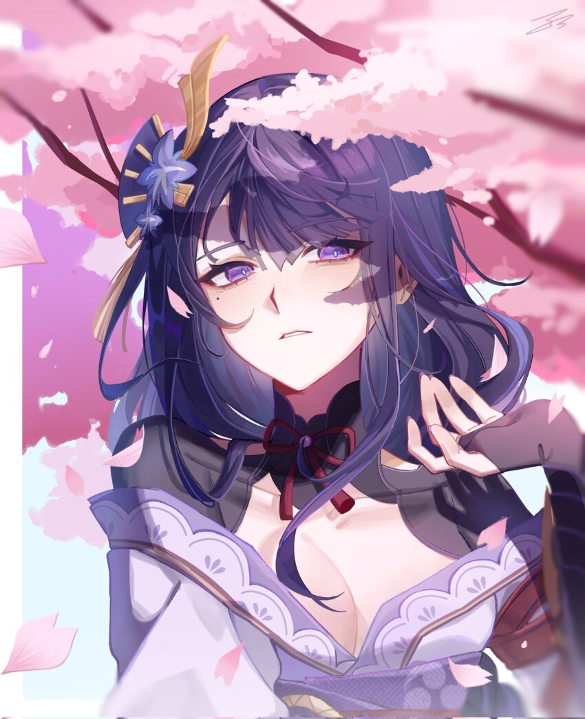 1girl blue_pupils blunt_bangs blush branch breasts bridal_gauntlets cherry_blossoms cleavage clothing_cutout collarbone commentary_request dappled_sunlight embarrassed falling_petals genshin_impact gyeol_hon21 hair_ornament hand_up head_tilt highres japanese_clothes kimono large_breasts long_hair long_sleeves looking_to_the_side mitsudomoe_(shape) mole mole_under_eye neck_ribbon off_shoulder outdoors parted_lips petals pink_petals purple_eyes purple_hair purple_kimono purple_nails purple_sash raiden_shogun red_ribbon ribbon sash shade shoulder_cutout sky solo sunlight tomoe_(symbol) tree tree_shade upper_body wide_sleeves