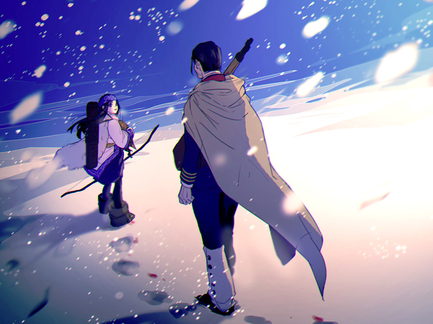 1boy 1girl ainu ainu_clothes arisaka asirpa bandana black_footwear black_hair black_pants blue_bandana blue_eyes blue_jacket blue_pants bolt_action boots bow_(weapon) buttons cape closed_mouth collared_jacket commentary_request facial_hair facial_scar from_behind from_side full_body fur_cape gaiters golden_kamuy grey_footwear gun hair_slicked_back hair_strand holding holding_bow_(weapon) holding_gun holding_weapon hood hood_down hooded_cape imperial_japanese_army jacket long_hair long_sleeves looking_at_another military military_uniform ogata_hyakunosuke outdoors over_shoulder pants quiver rifle scar scar_on_cheek scar_on_face short_hair snow snowing standing stubble undercut weapon weapon_over_shoulder white_cape yuuki_(mnm217)