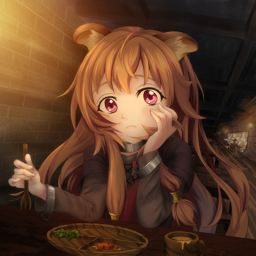 1girl 1other 2boys animal_ear_fluff animal_ears broccoli brown_dress brown_hair bulletin_board carrot_slice child closed_mouth collar commentary_request crimvael dress food frown grey_dress heart heart-shaped_food highres holding holding_spork indoors ishuzoku_reviewers layered_dress long_hair long_sleeves looking_at_object looking_at_viewer messy_hair metal_collar metal_hair_tubes metal_wrist_cuffs multiple_boys raccoon_ears raccoon_girl raphtalia red_dress red_eyes short_sleeves shourai sitting solo_focus soup spork stunk tate_no_yuusha_no_nariagari two-tone_dress upper_body wooden_cup wooden_plate wooden_spork zel_(ishuzoku_reviewers)