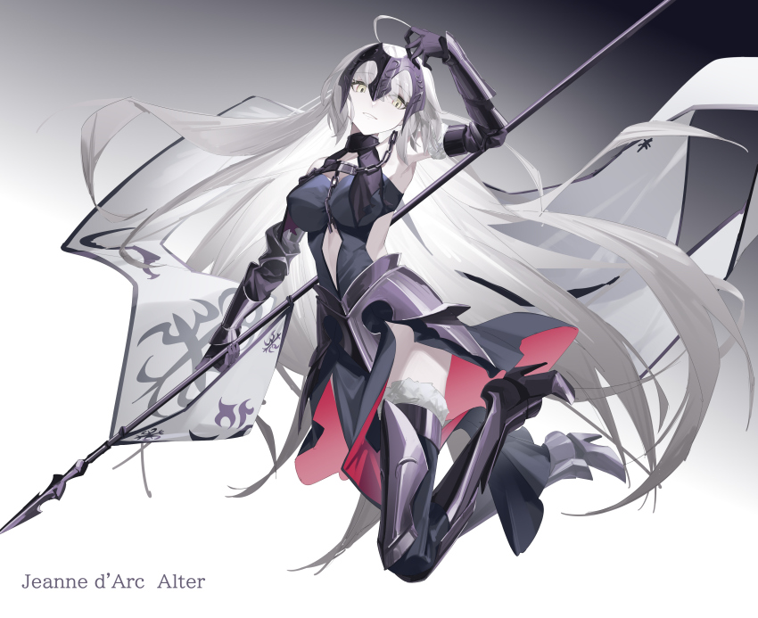 1girl absurdres armor armored_dress armpits arms_up banner bare_arms bare_shoulders black_thighhighs breasts chain dress fate/grand_order fate_(series) feibai flag gauntlets grey_hair hair_between_eyes headpiece highres holding holding_flag jeanne_d&#039;arc_alter_(avenger)_(fate) jeanne_d&#039;arc_alter_(fate) large_breasts long_hair looking_at_viewer plackart short_hair smile solo standard_bearer thighhighs very_long_hair yellow_eyes zipper_dress