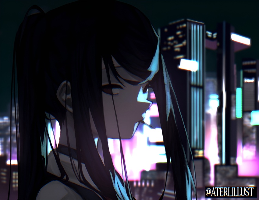 1girl artist_name ateri_illust backlighting bloom blurry blurry_background cigarette city city_lights cityscape closed_mouth collared_shirt depth_of_field from_side highres jill_stingray long_hair looking_at_viewer night outdoors ponytail portrait red_eyes shirt skyline solo twitter_username va-11_hall-a white_shirt