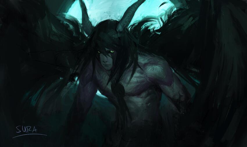 1boy absurdres alternate_form arrancar black_hair black_sclera black_skin black_wings bleach colored_extremities colored_sclera colored_skin demon_boy demon_horns expressionless full_moon green_eyes highres hole_in_chest hole_on_body horns looking_at_viewer male_focus moon multicolored_skin resurreccion short_hair suracii topless_male two-tone_skin ulquiorra_cifer upper_body white_skin wings