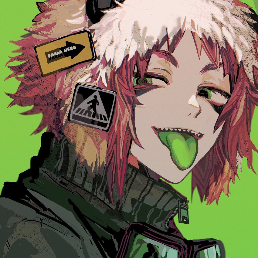 1girl androgynous colored_tongue commentary facepaint fur_hat goggles goggles_around_neck green_background green_eyes green_jacket green_tongue gumi hair_ornament hat highres jacket looking_at_viewer open_mouth panda_hero_(vocaloid) portrait sharp_teeth short_hair sign simple_background solo teeth tongue tongue_out vocaloid yadu_nadu zipper zipper_pull_tab