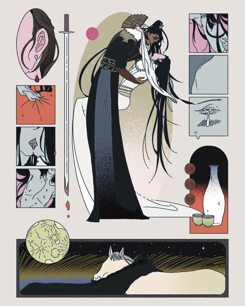2boys bed_sheet black_hair black_hanfu blood blood_drip bloody_weapon brown_hair carrying carrying_person chinese_clothes choko_(cup) closed_eyes crying crying_with_eyes_open cup dark_skin earrings folding_fan french_kiss full_body full_moon fur_trim hair_ribbon hand_fan hanfu high_ponytail highres holding holding_fan horse implied_sex jewelry kiss leaning_forward long_hair long_sleeves moon multiple_boys multiple_views nogoodwithcat ponytail qiang_jin_jiu ribbon sash sheet_grab shen_zechuan smile star_(sky) sweat sword tears tokkuri topless_male weapon white_hanfu white_ribbon wide_sleeves xiao_chiye yaoi