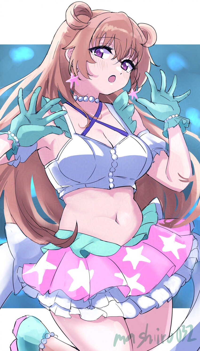 1girl :o absurdres aqua_gloves aqua_shoes blush breasts brown_hair cleavage collarbone commentary cowboy_shot crop_top daydream_mermaid earrings ereka frilled_skirt frills gloves hair_horns highres jewelry konoe_kanata large_breasts letterboxed long_hair looking_at_viewer love_live! love_live!_nijigasaki_high_school_idol_club love_live!_nijigasaki_high_school_idol_club_the_movie_-_finale miniskirt navel official_alternate_costume open_hands outside_border pink_skirt purple_eyes shoes skirt solo star_(symbol) star_earrings stomach