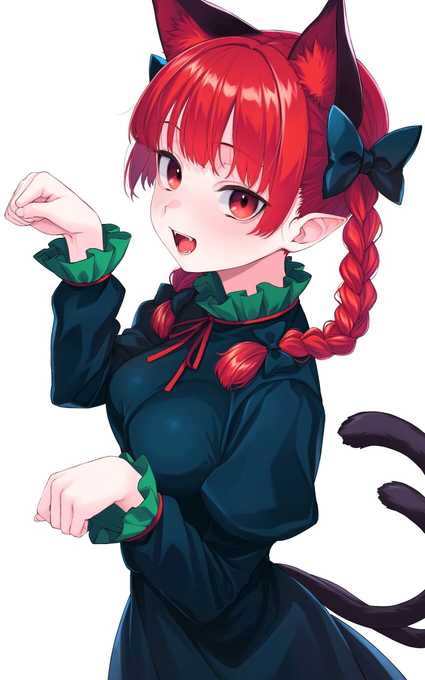 1girl :d absurdres animal_ear_fluff animal_ears black_bow blunt_bangs blush bow braid breasts cat_ears cat_girl cat_tail cowboy_shot dress extra_ears fangs fingernails frilled_sleeves frills green_dress hair_bow hair_intakes hands_up highres juliet_sleeves kaenbyou_rin large_breasts long_hair long_sleeves looking_at_viewer medium_breasts multiple_tails nameko_houshi neck_ribbon nekomata open_mouth paw_pose pointy_ears puffy_sleeves red_hair red_ribbon ribbon simple_background smile solo tail teeth touhou twin_braids two_tails white_background