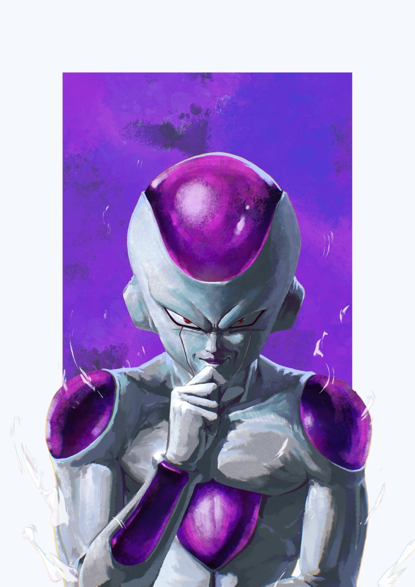 1boy absurdres alien colored_skin commentary_request dragon_ball dragonball_z final_form_frieza frieza hand_on_own_chin highres male_focus nose outside_border pectorals purple_background purple_lips realistic red_eyes shank solo sparks upper_body v-shaped_eyebrows white_skin