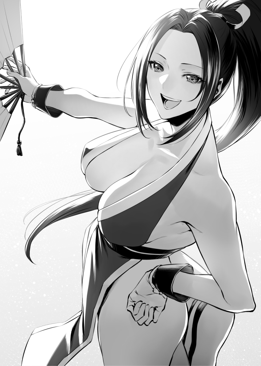 1girl ass bare_shoulders breasts cleavage collarbone eyelashes fatal_fury fingernails folded_fan folding_fan forehead from_above gradient_background greyscale halterneck hand_fan hand_on_own_hip high_ponytail highres holding holding_fan japanese_clothes large_breasts long_hair looking_at_viewer monochrome mugetsu2501 ninja no_bra obi open_mouth parted_bangs pelvic_curtain ponytail revealing_clothes revision sash shiranui_mai simple_background sleeveless smile solo standing teeth the_king_of_fighters thighs wrist_cuffs