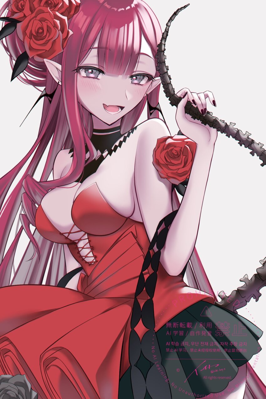 1girl baobhan_sith_(fate) baobhan_sith_(fgo_fes._2025)_(fate) bare_shoulders blush breasts cleavage dress earrings fate/grand_order fate_(series) flower grey_eyes highres ichi_kq jewelry large_breasts long_hair looking_at_viewer open_mouth pink_hair pointy_ears red_dress rose sidelocks smile solo