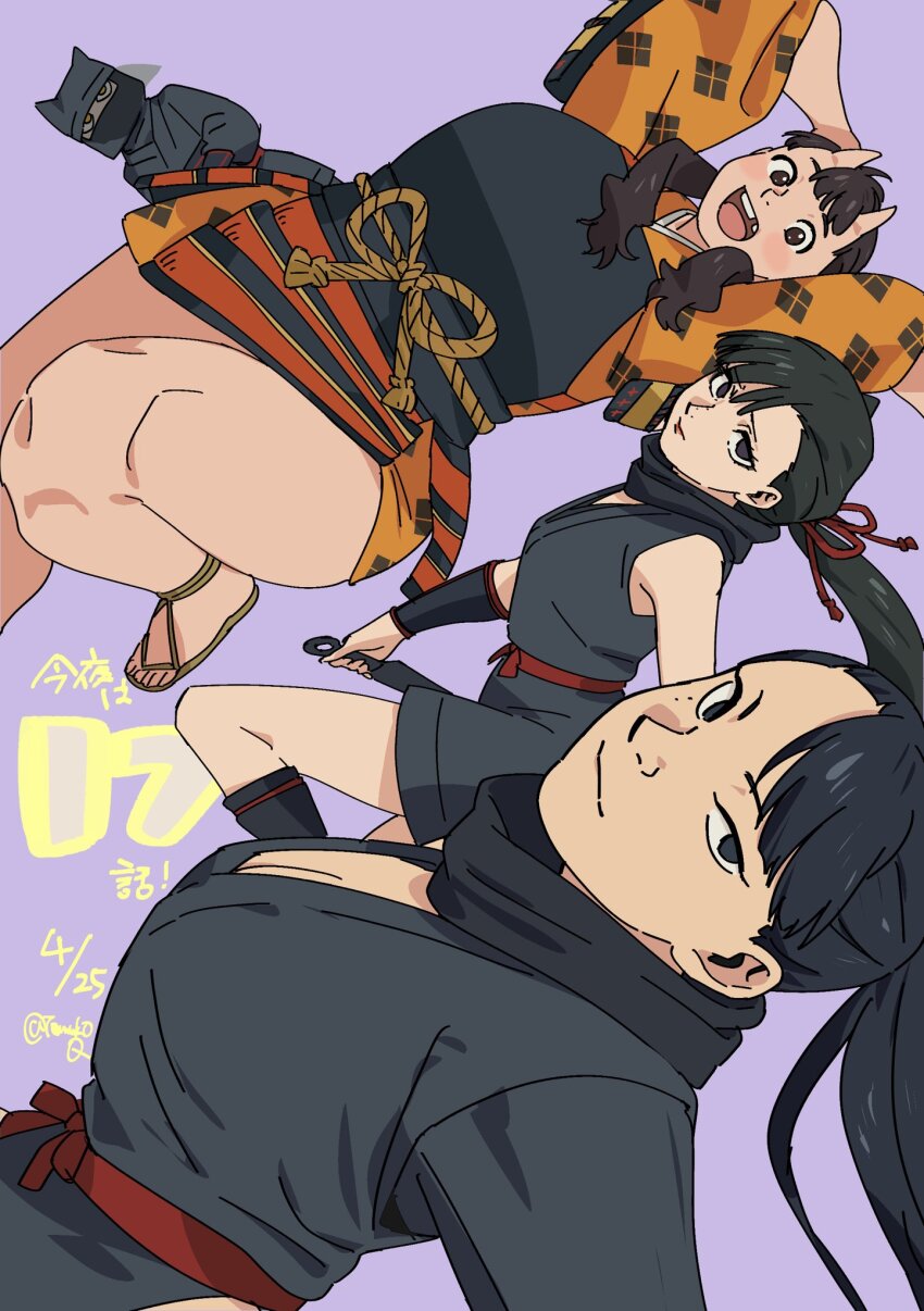 4girls armor benichidori black_eyes black_hair black_kimono breastplate breasts cleavage dungeon_meshi hien highres holding holding_knife horns inutade izutsumi japanese_armor japanese_clothes kimono knife kusazuri long_hair looking_at_viewer medium_breasts multiple_girls ninja open_mouth orange_kimono ponytail purple_background sleeveless sleeveless_kimono small_breasts tamura_eimi