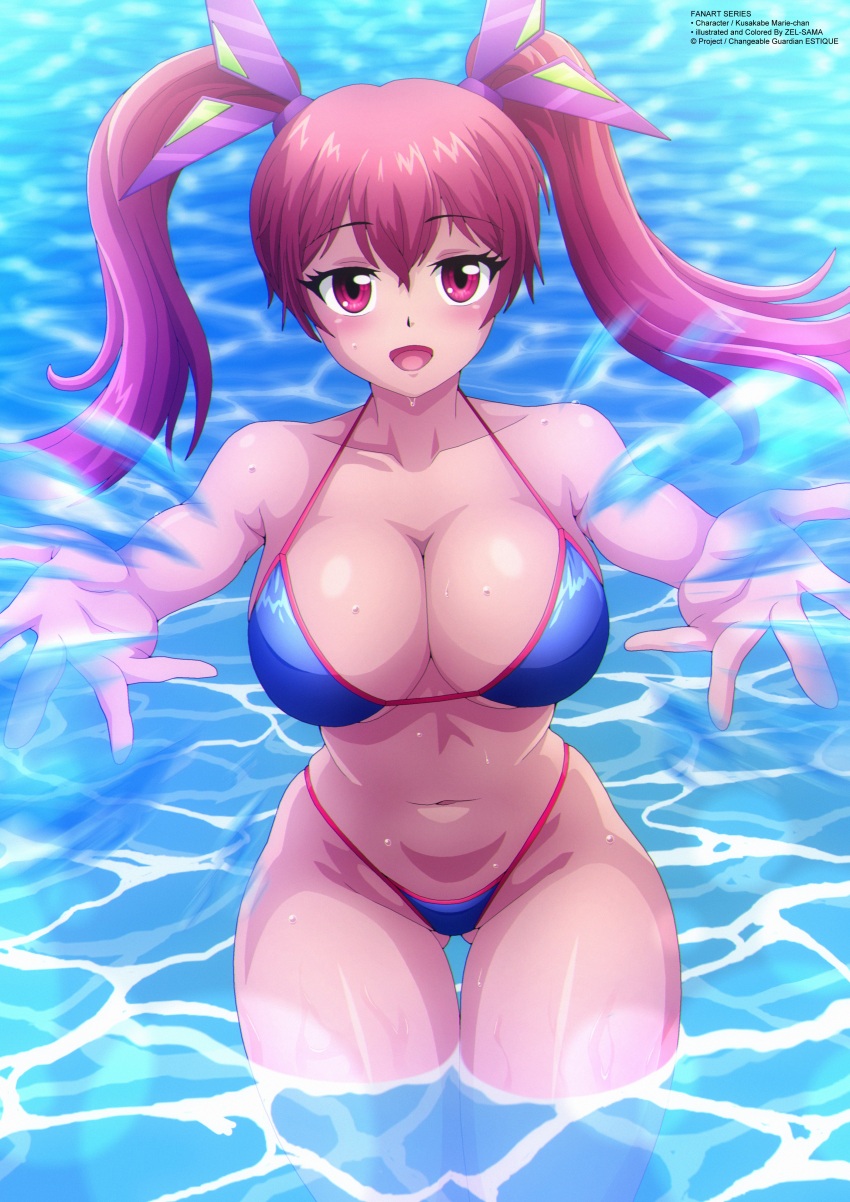 1girl absurdres bikini blue_bikini blush breasts changeable_guardian_estique cleavage collarbone hair_ribbon highres kusakabe_marie large_breasts long_hair looking_at_viewer navel open_mouth pink_ribbon pool red_eyes red_hair ribbon smile splashing standing swimsuit twintails wading water wet zel-sama