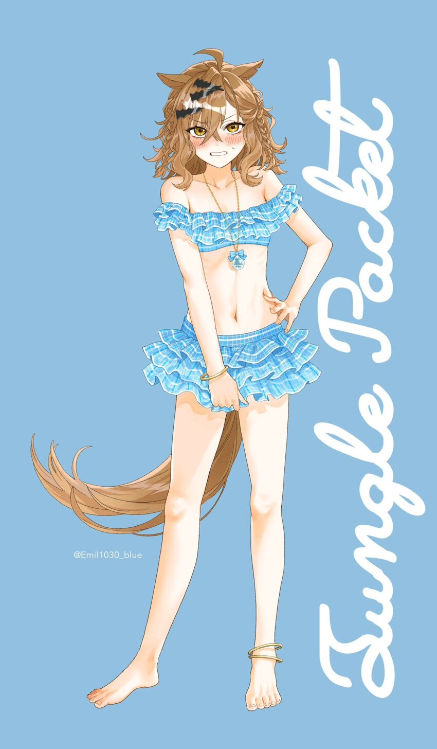 1girl ahoge animal_ears anklet bare_shoulders barefoot bikini blue_background blue_bikini blush bracelet braid brown_eyes brown_hair character_name collarbone emil1030_blue fingernails frilled_bikini frills full_body hand_on_own_hip highres horse_ears horse_tail jewelry jungle_pocket_(umamusume) medium_hair navel necklace off-shoulder_bikini off_shoulder simple_background solo standing stomach swimsuit tail toenails twitter_username umamusume