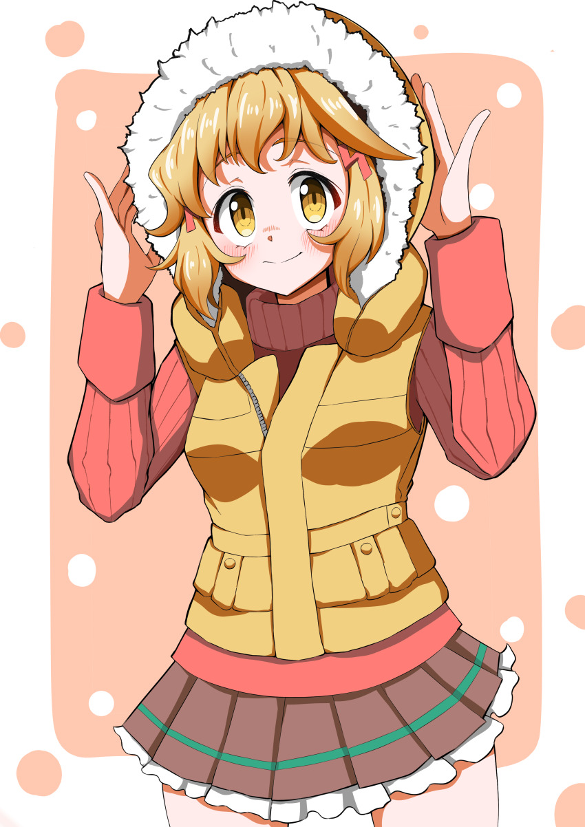 1girl 9ma_(9matohibari) absurdres brown_eyes brown_hair brown_skirt commentary_request frilled_skirt frills fur-trimmed_hood fur_trim highres hood hood_up looking_at_viewer red_sweater senki_zesshou_symphogear short_hair skirt smile solo sweater sweater_vest tachibana_hibiki_(symphogear) winter_clothes yellow_sweater_vest