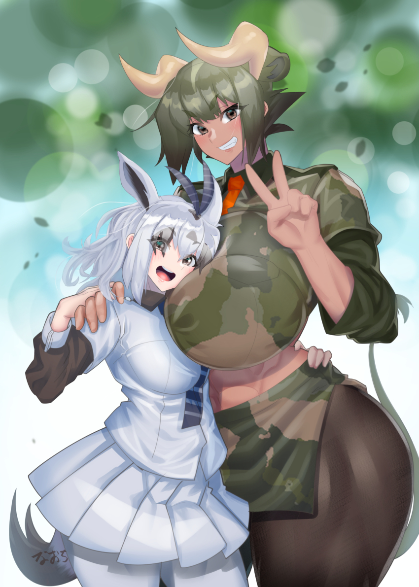 2girls alternate_breast_size animal_ears arabian_oryx_(kemono_friends) arm_around_back arm_around_waist aurochs_(kemono_friends) black_hair black_legwear breast_smother breasts brown_eyes camouflage camouflage_shirt camouflage_skirt collared_shirt colored_inner_hair cow_ears cow_girl cow_tail cowboy_shot curvy dark-skinned_female dark_skin extra_ears eyes_visible_through_hair face_to_breasts floating_hair gazelle_ears gazelle_horns gazelle_tail green_hair grey_eyes grey_hair grin hair_over_one_eye hand_on_another&#039;s_hand hand_on_another&#039;s_shoulder hand_up head_on_chest head_tilt height_difference highres horizontal_pupils horns huge_breasts impossible_clothes impossible_shirt kemono_friends large_breasts layered_sleeves long_sleeves looking_at_viewer medium_hair microskirt midriff miniskirt multicolored_hair multiple_girls naochi_(bobi8081) necktie open_mouth pantyhose pleated_skirt print_shirt print_skirt red_necktie shirt short_hair short_over_long_sleeves short_sleeves sidelocks skirt smile stomach tail tall_female toned two-tone_hair v v-shaped_eyebrows white_legwear white_shirt white_skirt wing_collar