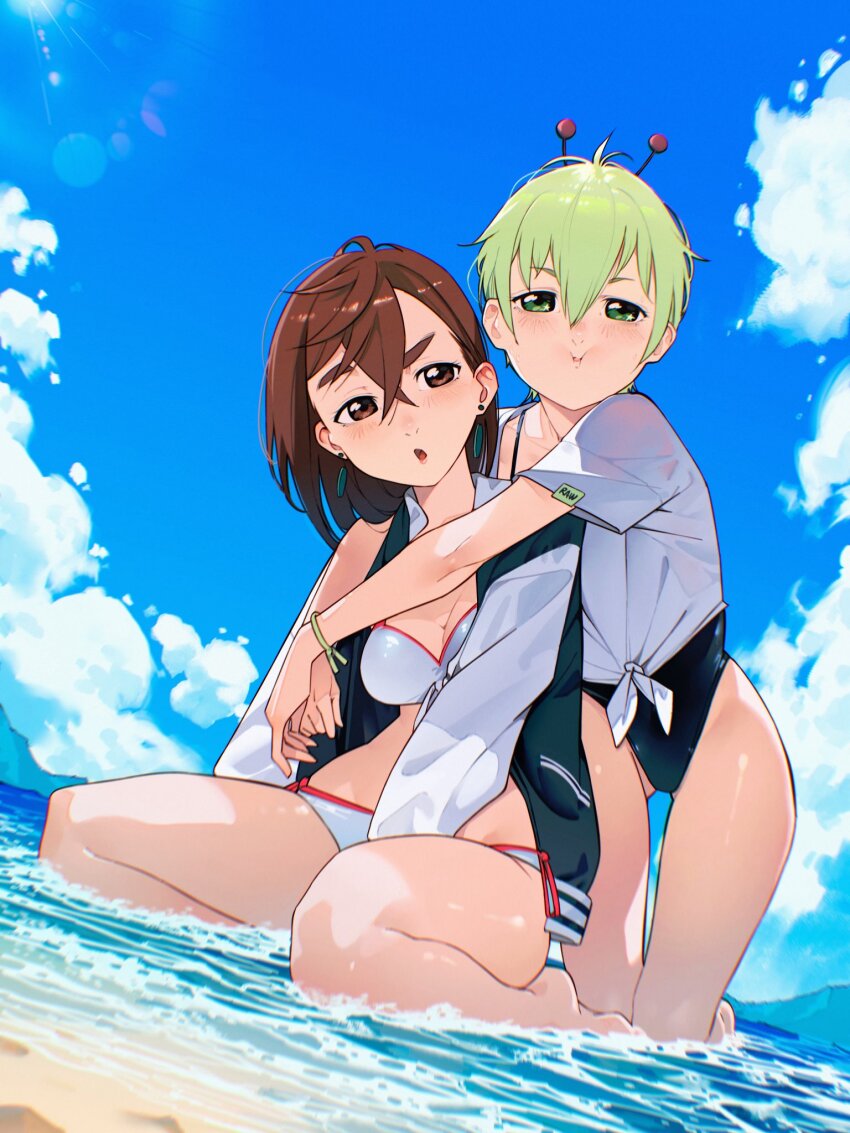 2girls :i antennae ayase_momo bare_legs barefoot beach bikini black_jacket blue_one-piece_swimsuit blue_sky breasts brown_eyes brown_hair cesar_art456 cloud commentary_request crossed_bangs dandadan day dutch_angle earrings feet gluteal_fold green_eyes green_hair hair_between_eyes highleg highleg_one-piece_swimsuit highres hug hug_from_behind jacket jewelry kneeling large_breasts lens_flare letterman_jacket light_blush looking_at_viewer multiple_girls ocean one-piece_swimsuit open_clothes open_jacket open_mouth outdoors raised_eyebrow seiza shirt shore short_hair short_sleeves side-tie_bikini_bottom sitting sky spanish_commentary swimsuit tied_shirt vamola_(dandadan) water white_bikini white_shirt
