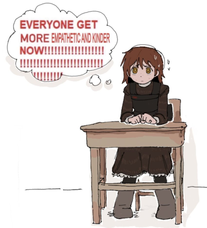 1girl asya_shubina boots brown_dress brown_eyes brown_hair chair clenched_hands closed_mouth commentary dalasquil desk dress english_text highres on_chair pantyhose school_desk school_uniform short_hair sitting solo speech_bubble sweatdrop symbol-only_commentary thought_bubble white_background worried z.a.t.o._//_i_love_the_world_and_everything_in_it