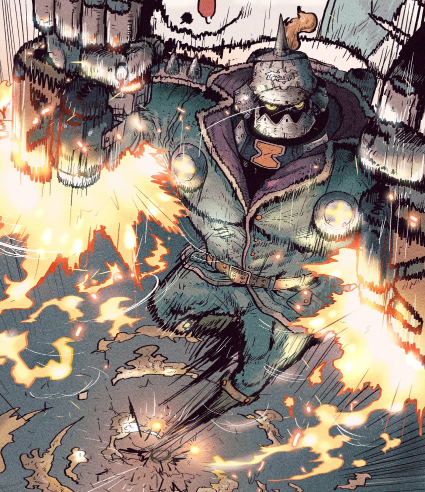 1boy absurdres attack belt commentary dust_cloud explosion foreshortening guilty_gear guilty_gear_strive han_gong helmet highres looking_at_viewer machine mechabare midair military military_uniform motion_lines plume potemkin_(guilty_gear) solo spikes yellow_eyes