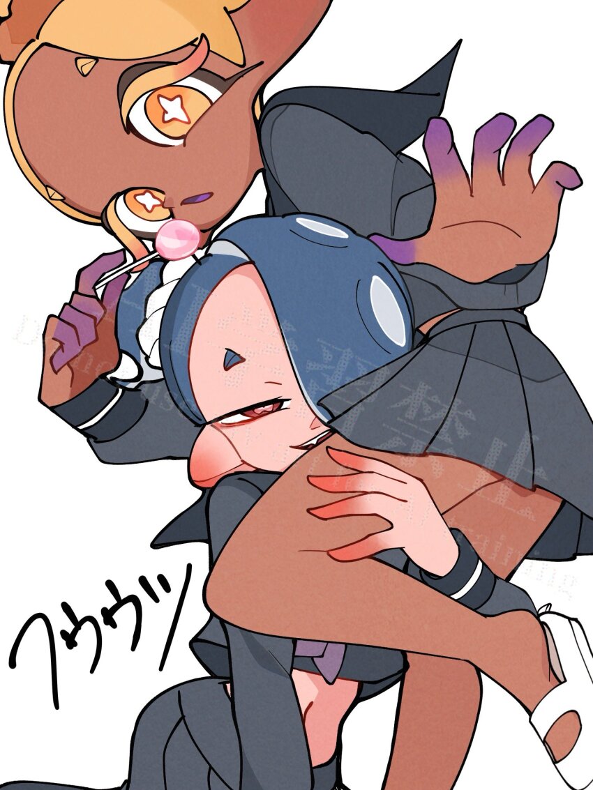 2girls 333surimi black_skirt blonde_hair blue_hair candy colored_extremities colored_eyelashes dark-skinned_female dark_skin fang food frye_(splatoon) frye_(young)_(splatoon) hair_over_one_eye highres holding holding_candy holding_food holding_lollipop inkling lollipop midriff multiple_girls nintendo octoling pleated_skirt pointy_ears red_eyes school_uniform shiver_(splatoon) shiver_(young)_(splatoon) shoes short_eyebrows skirt splatoon_(series) splatoon_3 tentacle_hair watermark white_shoes yellow_eyes