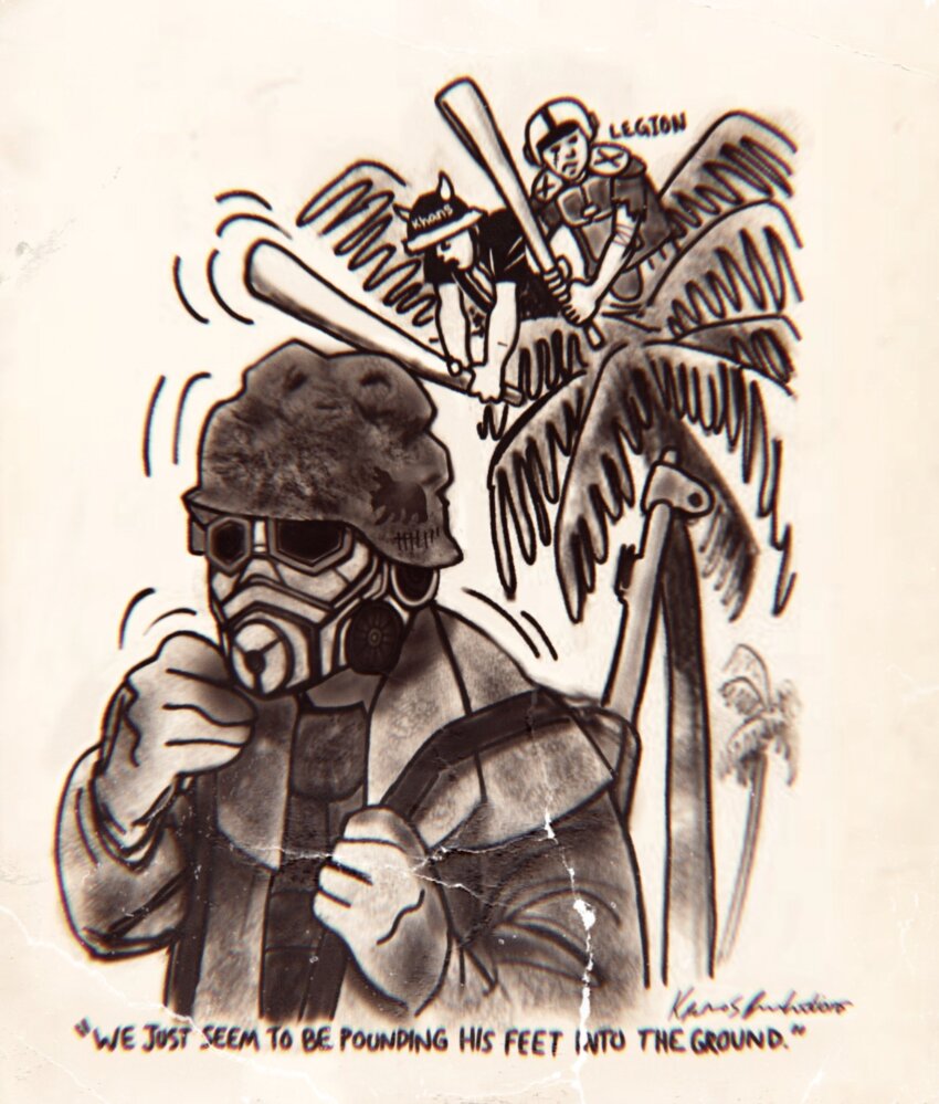 3boys armored_boots baseball_bat boots caesar&#039;s_legion coat commentary dent english_commentary english_text fallout:_new_vegas fallout gas_mask great_khans_(fallout) gun helmet highres holding holding_baseball_bat kronos_co legionary_(fallout) mask multiple_boys ncr_veteran_ranger new_california_republic palm_tree parody raider_(fallout) retro_artstyle rifle simple_background spiked_helmet tree weapon weapon_on_back white_background