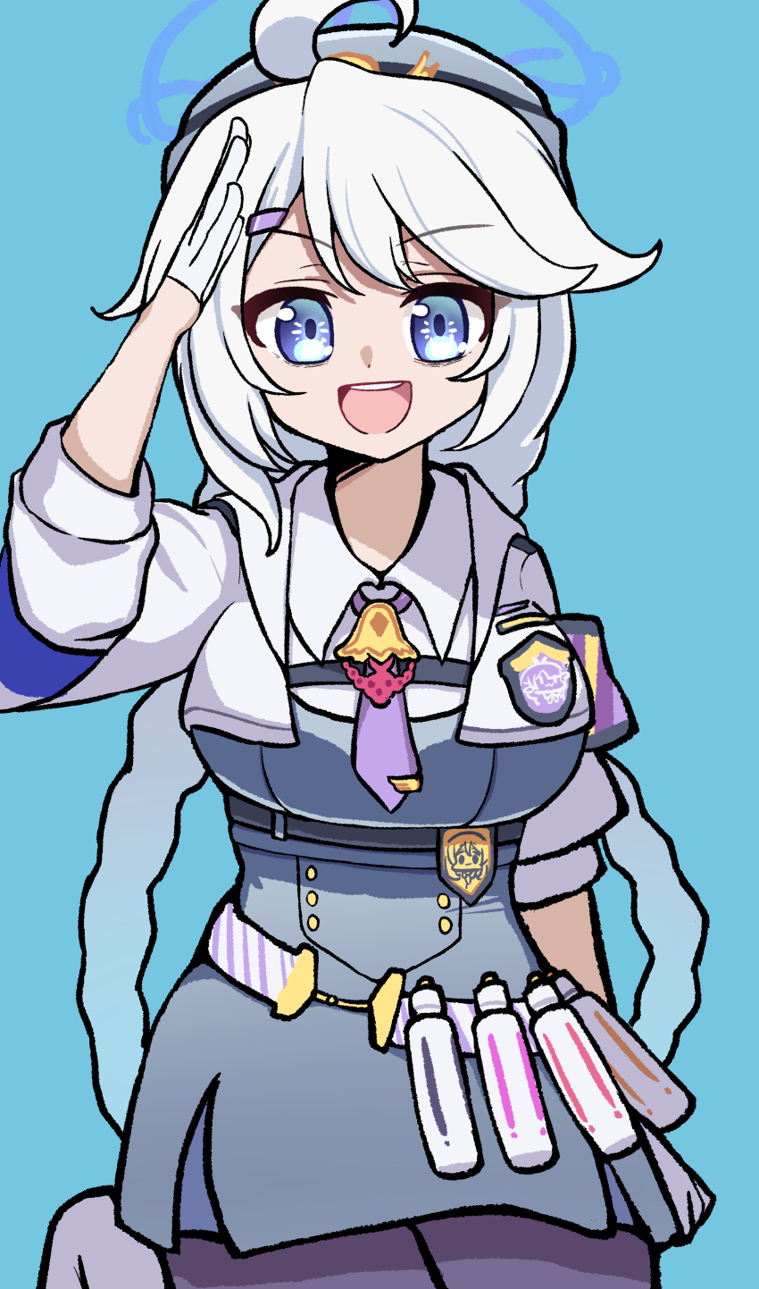 1girl absurdres ahoge armband belt blue_archive blue_background blue_eyes blue_halo boots braid breasts chest_harness cowboy_shot dress gloves grey_dress hair_ornament hairclip halo harness hat highres jacket kirino_(blue_archive) large_breasts nose open_mouth panatisia pantyhose police police_badge police_hat police_uniform policewoman purple_armband purple_pantyhose salute shirt simple_background smoke_grenade solo swept_bangs teeth twin_braids upper_teeth_only v-shaped_eyebrows white_belt white_boots white_gloves white_hair white_jacket white_shirt