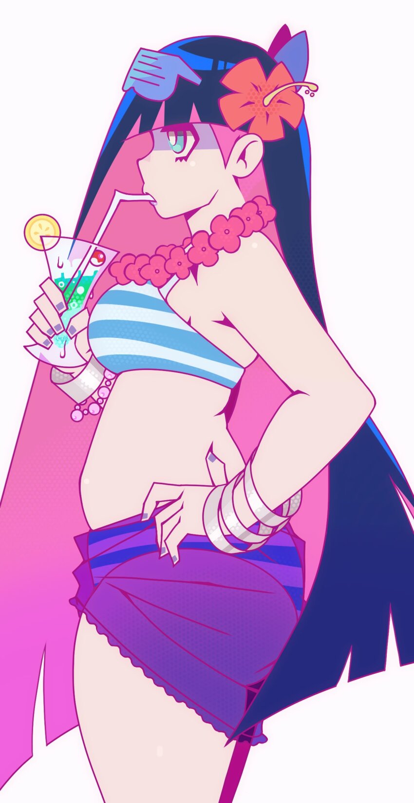 1girl absurdres bikini blue_bikini blue_eyes blue_hair bracelet breasts chmidobaaaaaa cocktail drinking drinking_straw eyewear_on_head feet_out_of_frame flower flower_necklace food from_side fruit hair_flower hair_ornament hand_on_own_hip highres horizontal-striped_bikini jewelry lemon lemon_slice long_hair medium_breasts multiple_bracelets necklace panty_&amp;_stocking_with_garterbelt plump profile red_flower see-through_clothes see-through_shorts shorts simple_background solo standing stocking_(psg) stomach swimsuit thick_thighs thighs white_background white_bikini