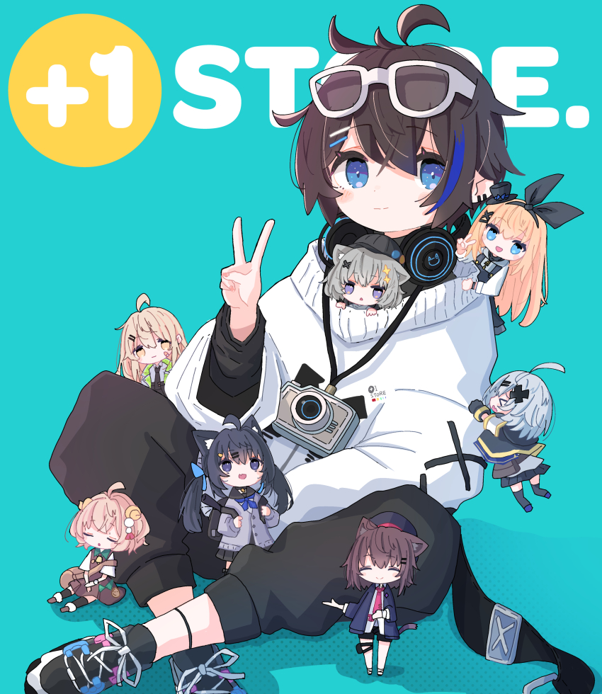 1boy 6+girls :3 :d absurdres ahoge animal_ear_fluff animal_ears aqua_background ash_(vrchat) beret black_hair black_jacket black_pants black_ribbon black_shirt black_shoes black_skirt black_socks blonde_hair blue_background blue_bow blue_eyes blue_hair blue_jacket blush bow bowtie braid brown_hair camera cardigan cat_ears cat_girl cat_tail chibi closed_eyes closed_mouth collared_shirt ear_piercing earrings eyewear_on_head full_body glasses goggles goggles_on_head grey_hair hair_between_eyes hair_ornament hair_ribbon hairclip hat headphones headphones_around_neck highres holding holding_camera jacket jewelry long_hair long_sleeves looking_at_viewer maple_(vrhcat) mini_person minigirl multicolored_hair multiple_girls naruka_ruka necktie open_clothes open_jacket open_mouth pants piercing pleated_skirt puffy_long_sleeves puffy_sleeves purple_eyes purple_jacket rearalice_(vrchat) receptionist_(vrchat) red_necktie ribbon ruche_(vrchat) sailor_collar school_uniform semi-rimless_eyewear sephira_(vrchat) shirt shoes short_hair simple_background sitting skirt sleeves_past_wrists smile sneakers socks star_(symbol) star_hair_ornament streaked_hair sunglasses sweater tail twintails v virtual_youtuber vrchat white-framed_eyewear white_hair white_shirt white_sweater x_hair_ornament