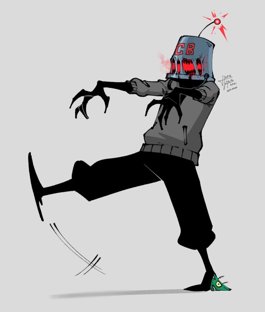 artist_self-insert bucket bucket_on_head eldritch_abomination grey_background highres mind_control object_on_head original outstretched_arms plankton_(spongebob) simple_background spongebob_squarepants_(series) stepped_on the_spongebob_squarepants_movie walking za1f0n zombie_pose