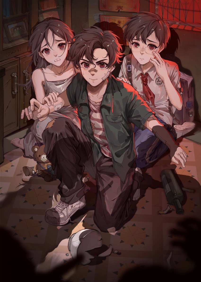 1girl 2boys absurdres bottle broken_plate brown_hair closed_mouth collared_shirt dress gao_qigiang gao_qilan gao_qisheng glasses green_jacket highres icy_suluoluo indoors jacket long_sleeves looking_at_viewer multiple_boys necktie parted_bangs plate protecting red_eyes red_necktie shirt short_sleeves striped_clothes striped_shirt the_knockout white_shirt