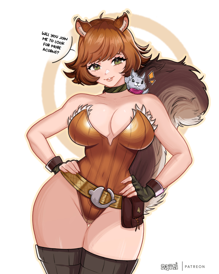 1girl ahoge animal_ear_fluff animal_ears artist_name bare_shoulders belt_buckle belt_pouch black_thighhighs breasts brown_hair brown_leotard buckle choker commentary cowboy_shot datli64 english_commentary english_text fingerless_gloves flipped_hair fur-trimmed_leotard fur_trim gloves gold_belt green_choker green_eyes green_gloves hands_on_own_hips highres large_breasts leotard looking_at_viewer marvel marvel_rivals parted_lips pouch short_hair solo_focus squirrel squirrel_ears squirrel_girl squirrel_girl_(marvel) squirrel_tail strapless strapless_leotard swept_bangs tail talking thighhighs thighs tippy-toe white_background