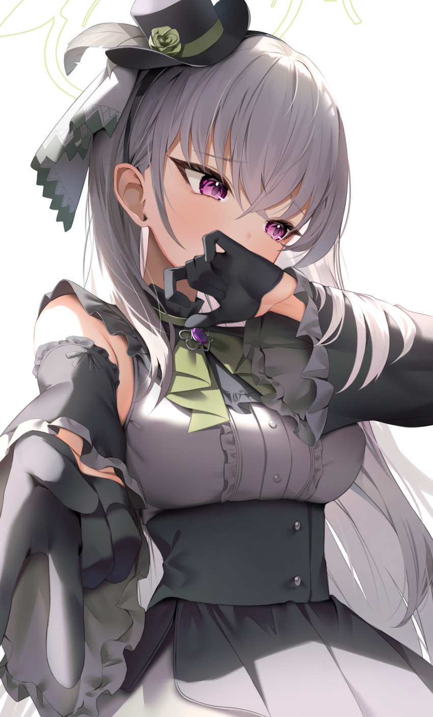 1girl absurdres black_hairband black_hat black_skirt black_sleeves blue_archive blush covering_own_mouth crossed_bangs detached_sleeves flower green_flower green_ribbon grey_hair grey_ribbon grey_shirt gyaru_v hair_between_eyes hair_ribbon hairband hat highres long_hair looking_to_the_side purple_eyes ribbon sakurako_(blue_archive) sakurako_(idol)_(blue_archive) shirt shuvi_(shuvi1125) skirt solo upper_body v