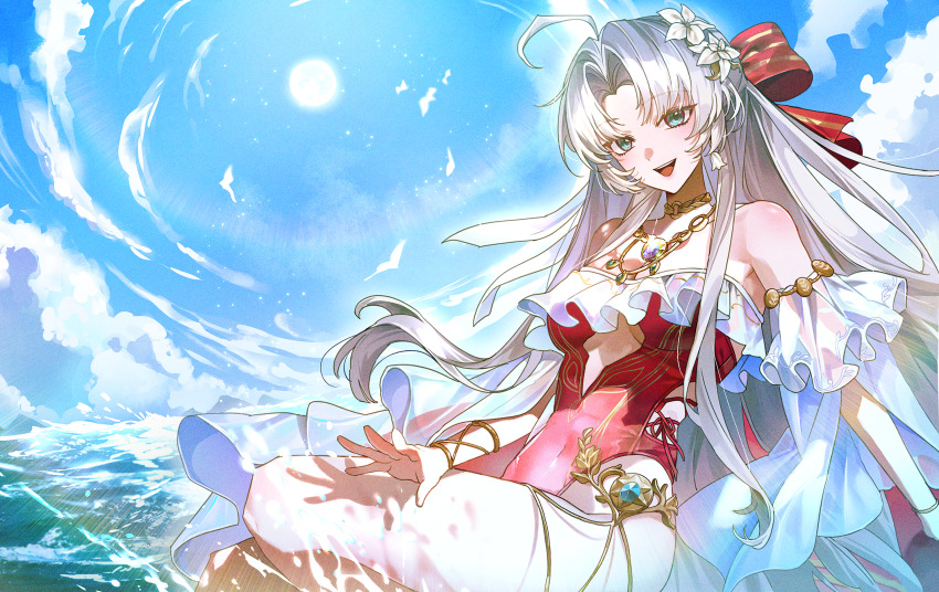 1girl ahoge aqua_eyes bare_shoulders blue_sky bow breasts carlotta_(splashing_summer)_(wuthering_waves) carlotta_(wuthering_waves) casual_one-piece_swimsuit choker commentary covered_navel cutout_above_navel day earrings frilled_one-piece_swimsuit frills fsuusux grey_hair hair_bow highleg highleg_one-piece_swimsuit highres jewelry light_blush long_hair looking_at_viewer medium_breasts necklace o-ring o-ring_choker ocean off-shoulder_one-piece_swimsuit off_shoulder official_alternate_costume one-piece_swimsuit open_mouth outdoors parted_bangs pink_bow pink_one-piece_swimsuit sky smile solo striped_bow swimsuit thighs very_long_hair water wuthering_waves