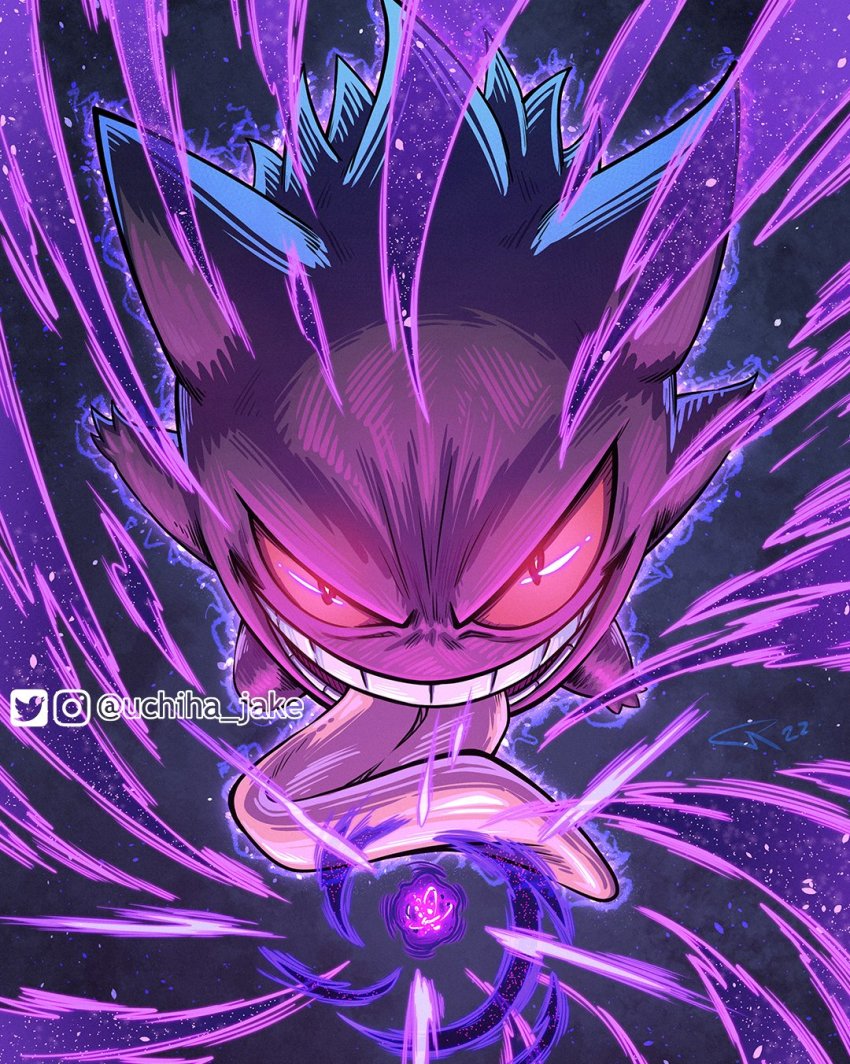 commentary english_commentary gen_1_pokemon gengar highres looking_at_viewer nintendo no_humans pokemon pokemon_(creature) purple_eyes shadow_ball_(pokemon) simple_background teeth tongue tongue_out uchiha_jake