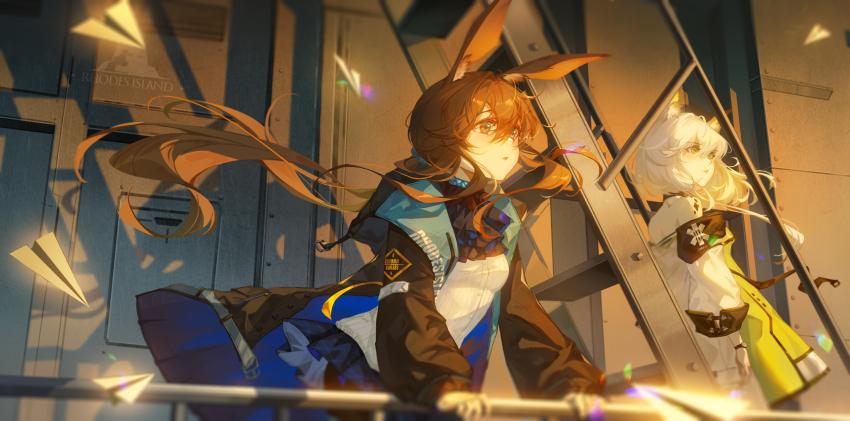 2girls absurdres against_railing air_duct amiya_(arknights) animal_ear_fluff animal_ears arknights ascot back bare_back bare_shoulders beige_sweater black_choker black_jacket black_legwear blue_choker blue_eyes blue_scrunchie blue_skirt brown_hair cat_ears checkered_clothes checkered_skirt choker commentary_request company_name dress dress_straps evening eyebrows floating_hair green_dress green_eyes hair_ornament hair_scrunchie hand_on_railing head_tilt highres holding jacket kal&#039;tsit_(arknights) leaning leaning_forward long_hair long_jacket looking_away material_growth medium_hair multiple_girls off-shoulder_jacket off_shoulder oripathy_lesion_(arknights) outdoors pantyhose paper_airplane parted_lips ponytail rabbit_ears railing rhodes_island_logo_(arknights) scrunchie shadow sidelocks skirt stairs standing strap sweater tuzhate very_long_hair wall watch white_hair white_jacket wide_sleeves