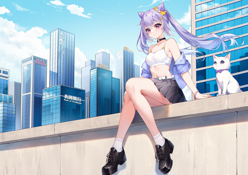 1girl alternate_costume animal bare_legs bare_shoulders belt black_choker black_shoes black_skirt bow braid breasts building camisole cat choker cityscape closed_mouth cone_hair_bun contemporary crop_top day floating_hair ge_zhong_kuaile genshin_impact hair_bow hair_bun highres jacket keqing_(genshin_impact) long_hair looking_at_viewer medium_breasts midriff miniskirt navel off_shoulder open_clothes open_jacket outdoors pleated_skirt purple_eyes purple_hair purple_jacket shirt shoes short_sleeves sitting skirt sleeveless sleeveless_shirt smile socks solo spaghetti_strap stomach thighs twintails v-shaped_eyebrows white_cat white_shirt white_socks