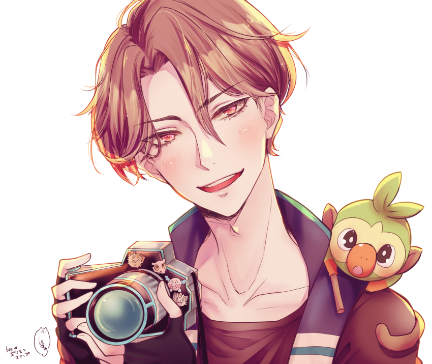 1boy :d alolan_form alolan_meowth animal animal_on_shoulder black_gloves blush brown_hair camera collarbone cubone fingerless_gloves gen_1_pokemon gen_7_pokemon gen_8_pokemon gloves grookey hair_between_eyes highres holding holding_camera male_focus meowth mr._mime nekominaminoriya new_pokemon_snap nintendo open_mouth pokemon pokemon_(creature) red_eyes short_hair simple_background smile solo todd_snap upper_body white_background