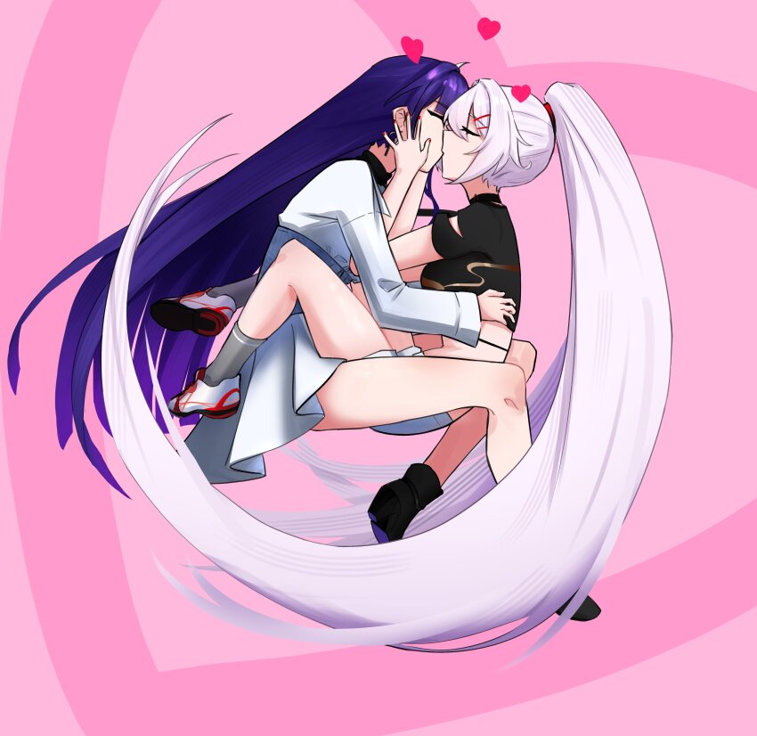 2girls absurdly_long_hair absurdres black_shirt black_shoes closed_eyes commentary english_commentary grey_socks hands_on_another&#039;s_face heart heart_background highres honkai_(series) honkai_impact_3rd kiana_kaslana kiana_kaslana_(herrscher_of_finality) kiss leg_lock long_hair multiple_girls pink_background ponytail purple_hair raiden_mei raiden_mei_(apho) rgenius100 shirt shoes socks very_long_hair white_hair white_shoes yuri