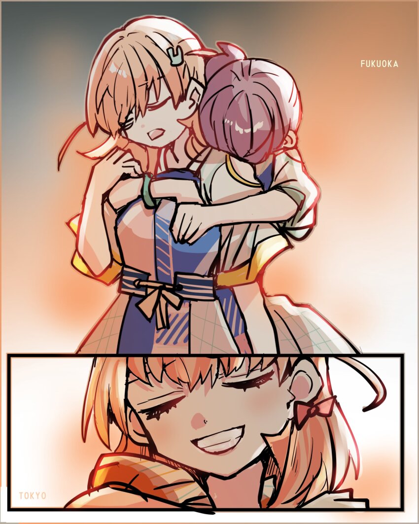 1st_live_tour_~run!_can!_fun!~ 2girls blue_dress cerise_bouquet closed_eyes clothing_cutout commentary_request crossed_bangs dress genyo_yako grin hair_bun hair_ornament highres hinoshita_kaho hug hug_from_behind kanduki_kamibukuro link!_like!_love_live! long_hair love_live! medium_hair multicolored_dress multiple_girls official_alternate_costume open_mouth orange_hair otomune_kozue place_name purple_hair rabbit_hair_ornament short_sleeves shoulder_cutout side_ponytail sidelocks single_side_bun smile two_side_up u_u virtual_youtuber white_dress yuri zanyo_(love_live!)