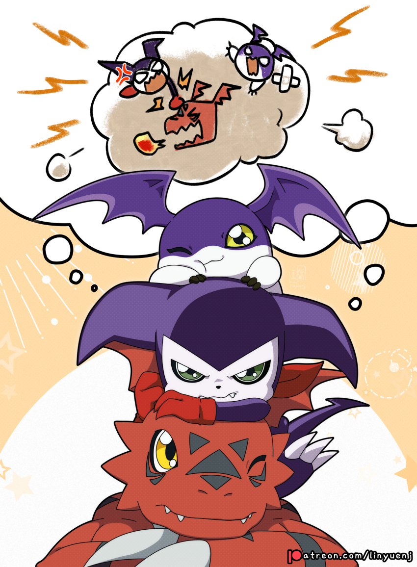 absurdres chin_rest commission digimon digimon_(creature) dinosaur green_eyes guilmon head_on_head head_rest head_wings highres impmon linyuenj one_eye_closed patreon_username simple_background speech_bubble thought_bubble tsukaimon wings yellow_eyes