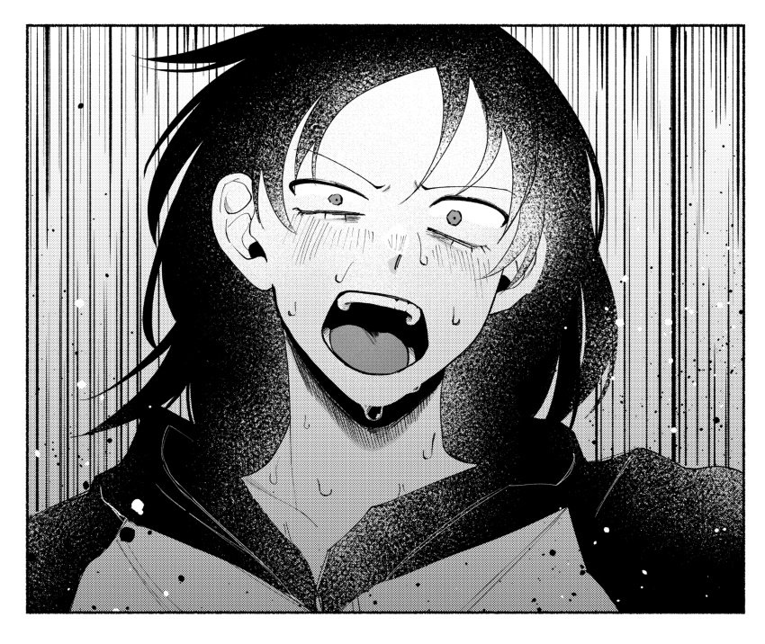 1girl absurdres blush futsuu_no_keion-bu greyscale hatono_chihiro highres hood hood_down hooded_jacket jacket looking_at_viewer monochrome open_mouth portrait rindou_(rnd7120) sanpaku scene_reference solo sweat teeth uneven_eyes v-shaped_eyebrows