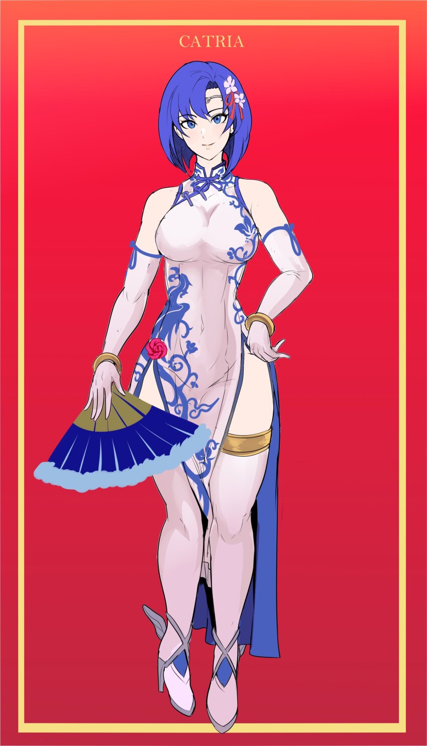 1girl absurdres alternate_costume bare_shoulders blue_eyes blue_hair boots breasts catria_(fire_emblem) china_dress chinese_clothes chinese_new_year covered_navel dress elbow_gloves fire_emblem fire_emblem:_mystery_of_the_emblem fire_emblem:_shadow_dragon_and_the_blade_of_light flower full_body gloves hair_flower hair_ornament hand_fan headband high_heel_boots high_heels highres large_breasts looking_at_viewer nintendo pelvic_curtain red_background revolverwing rose short_hair sleeveless sleeveless_dress smile solo standing thigh_boots thighs
