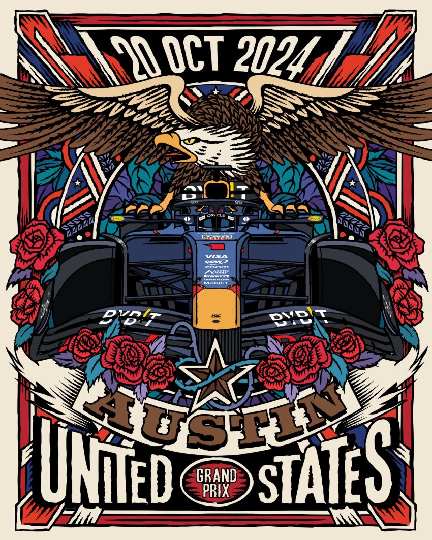 bird car chuangraphics eagle english_text flower formula_one highres motor_vehicle poster_(medium) red_flower star_(symbol) texas united_states vehicle_request