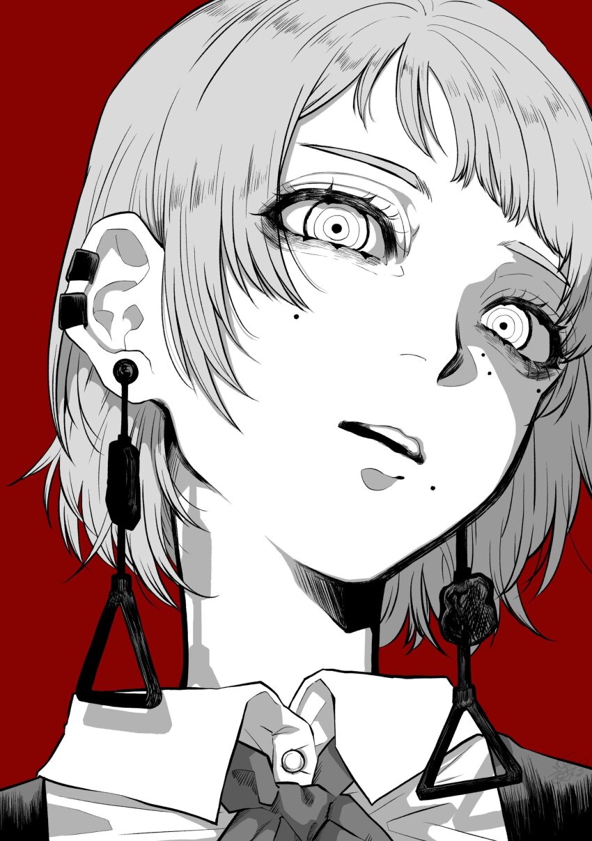 1girl chainsaw_man dress ear_piercing earrings fami_(chainsaw_man) fourth_east_high_school_uniform grey_hair greyscale_with_colored_background haru_rice head_tilt highres jewelry looking_at_viewer mole mole_under_eye mole_under_mouth multiple_moles open_mouth piercing pinafore_dress red_background ringed_eyes school_uniform short_hair simple_background sleeveless sleeveless_dress solo tassel tassel_earrings